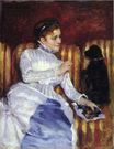 Mary Cassatt - Woman on a Striped with a Dog. Young Woman on a Striped Sofa with Her Dog 1875