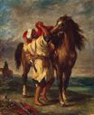 A Moroccan Saddling a Horse. Arab Saddling his Horse 1855