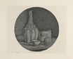 Giorgio Morandi - Grande natura morta circolare con bottiglia e tre oggetti 1946
